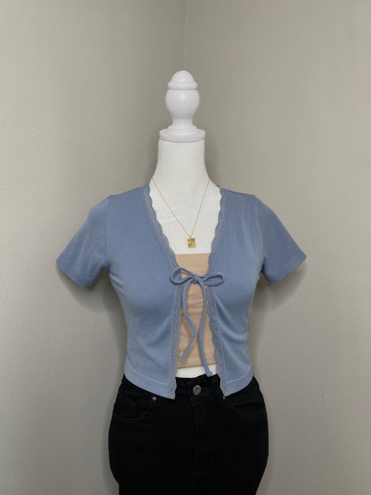 Lace Trim Tie Front Top (BABY BLUE)