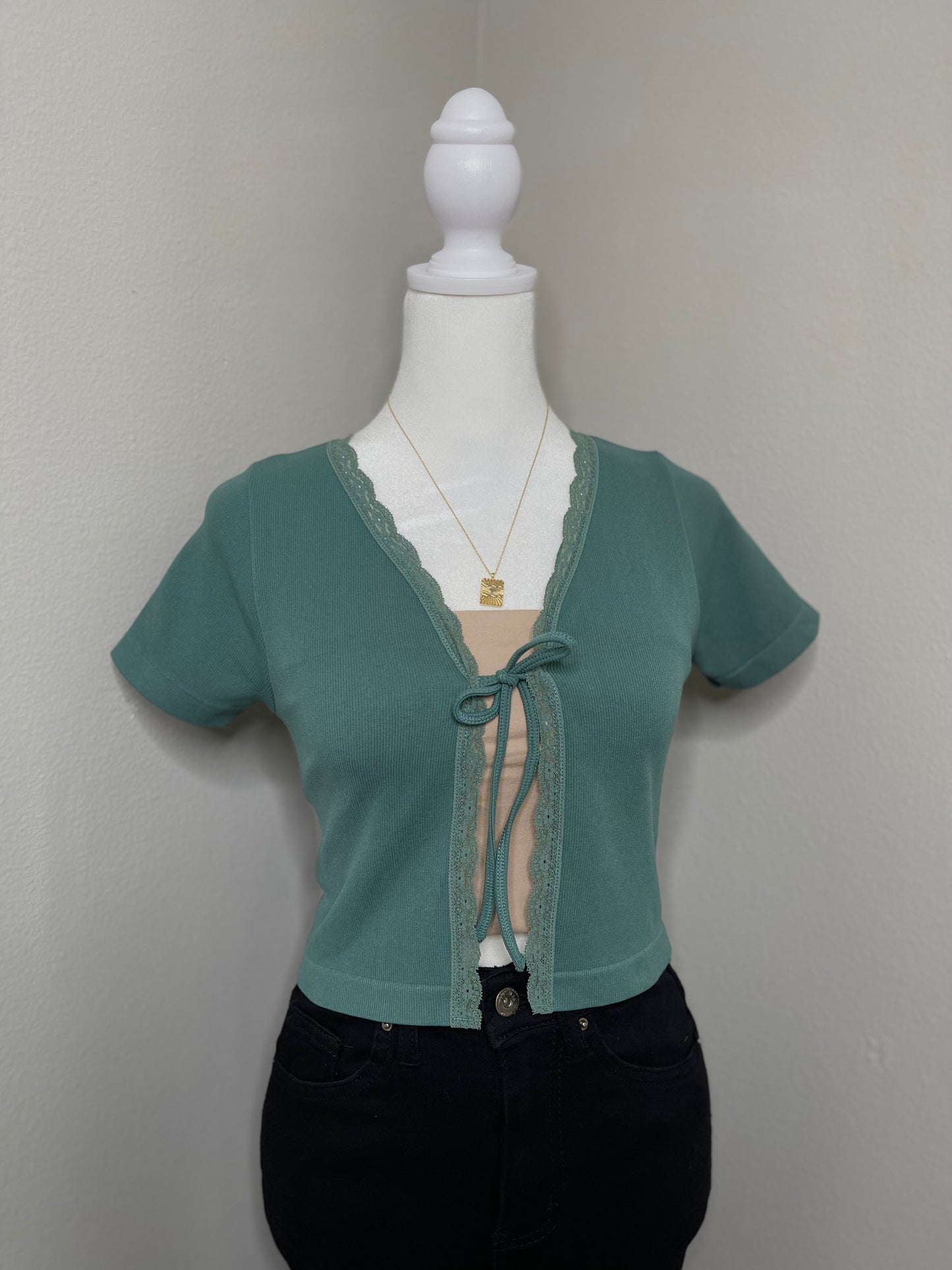 Lace Trim Tie Front Top (DEEP SEA GREEN)