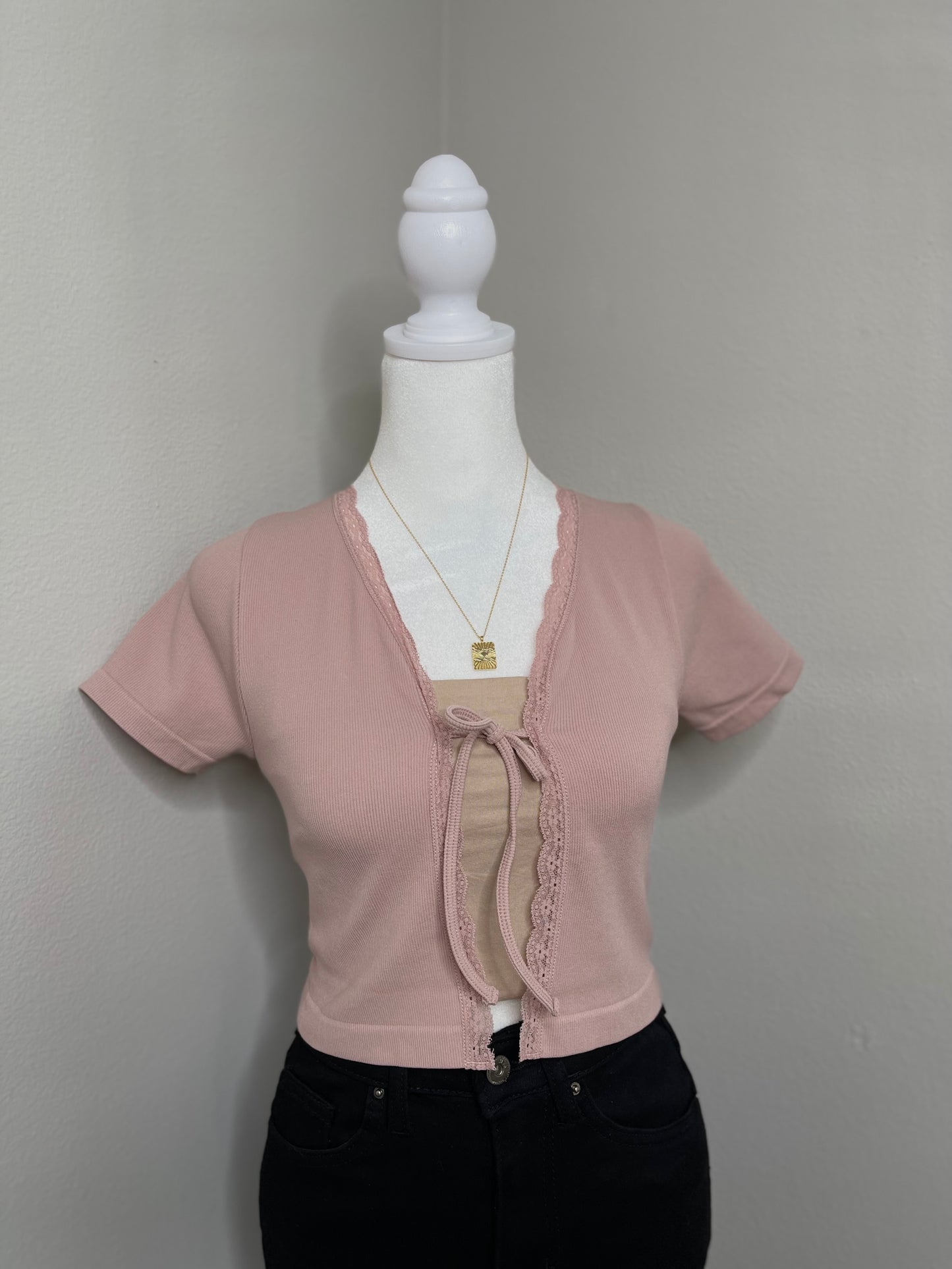 Lace Trim Tie Front Top (DUSTY PINK)