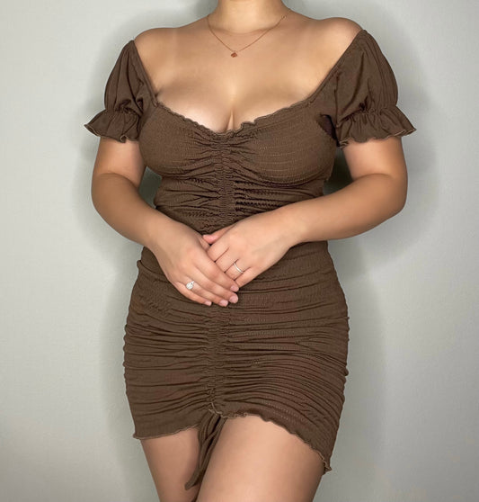 Off Shoulder Ruched Bodycon Dress (CHOCOLATE)