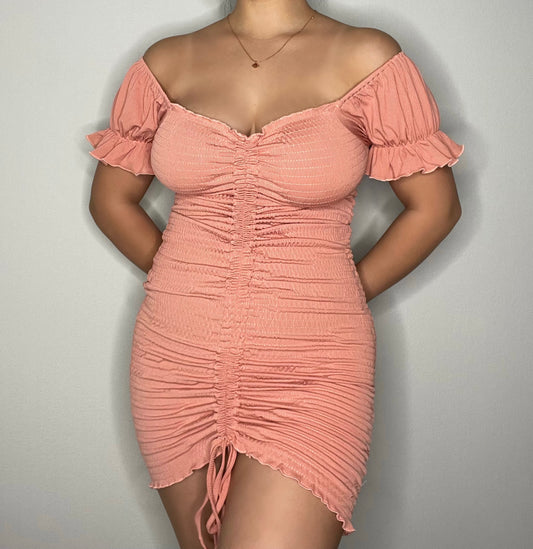 Off Shoulder Ruched Bodycon Dress (CORAL PINK)